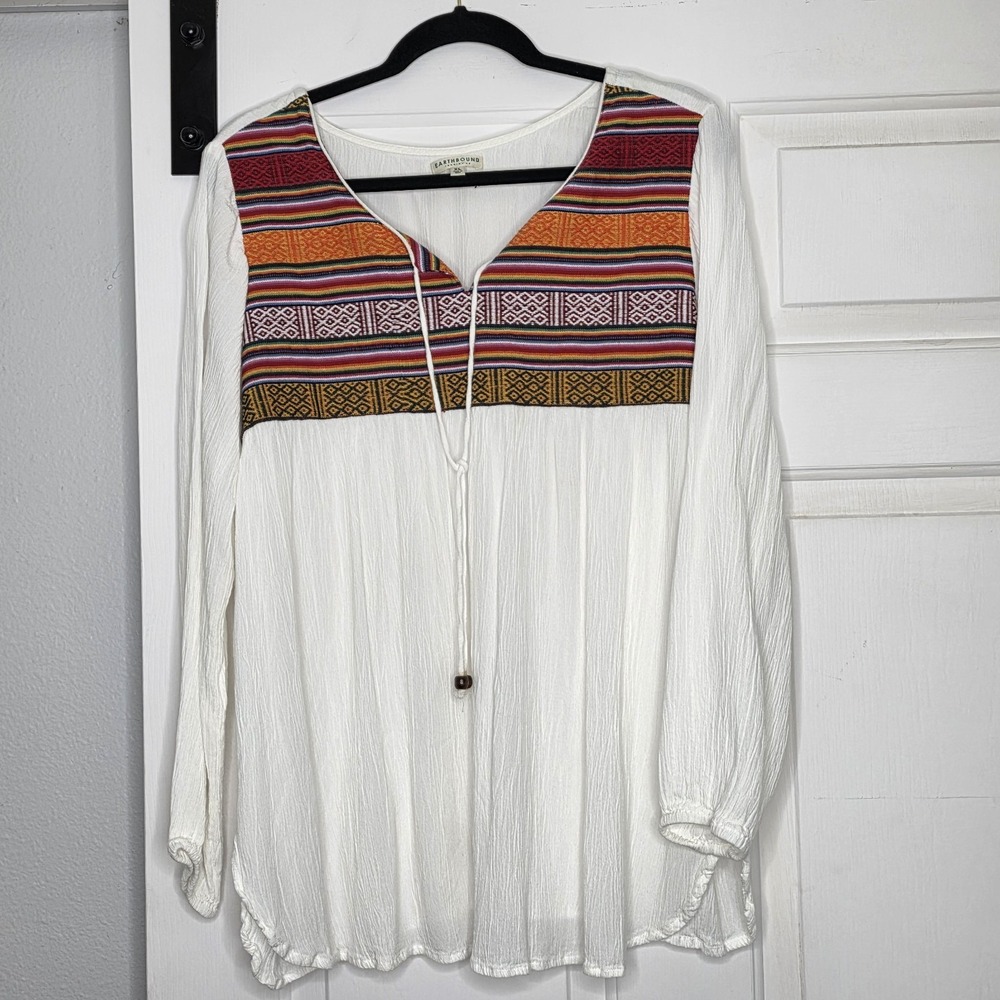 Earthbound Trading Co Patchwork Colorful Gauzy Flowy Boho Peasant Tunic Top XL